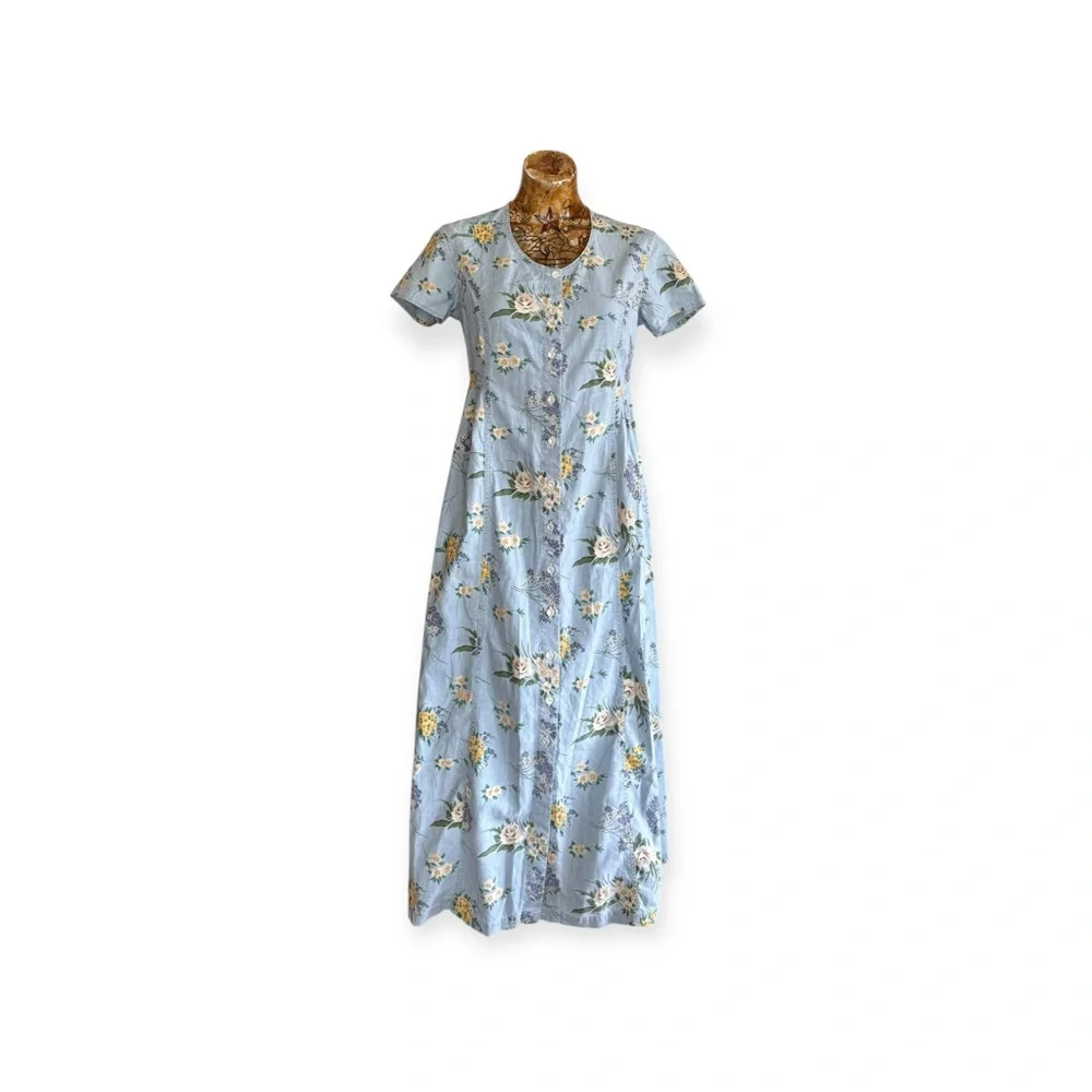 Lizwear dress long blue yellow floral short sleeve button front tie back - Picture 1 of 11